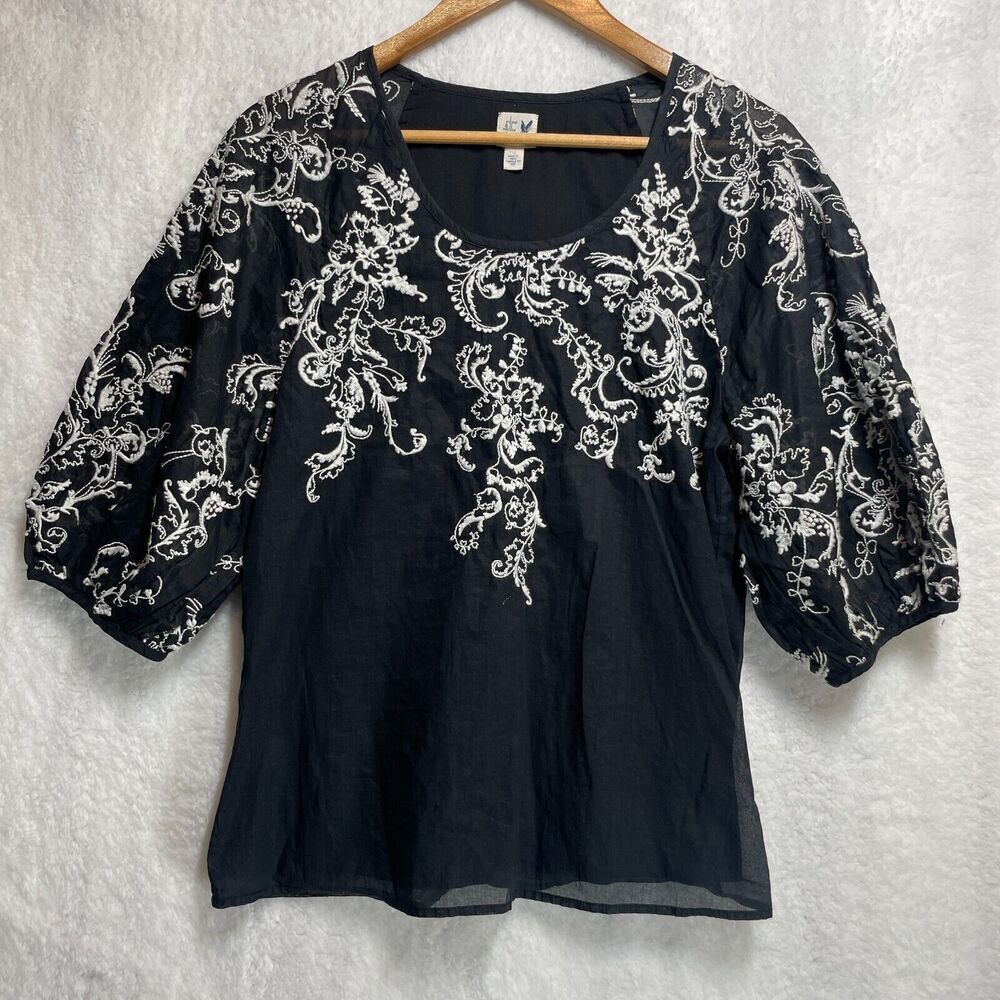 Edme and Esyllte Womens Blouse Size 4 Black Embroidered Cotton Silk Boho Top